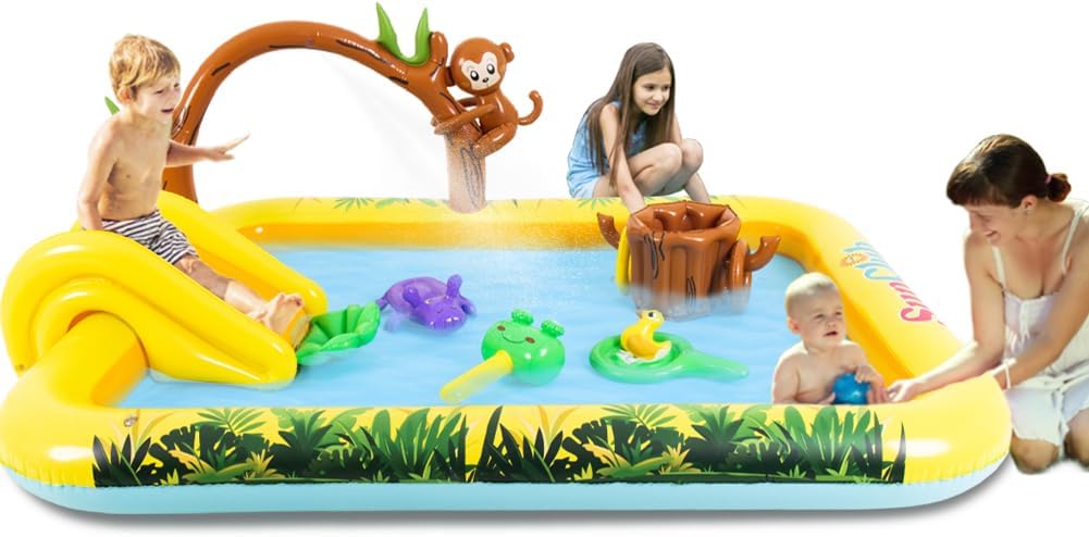 LUKBERA inflatable animal kids pool with slide, sprinkler arch and toy animals - view 2
