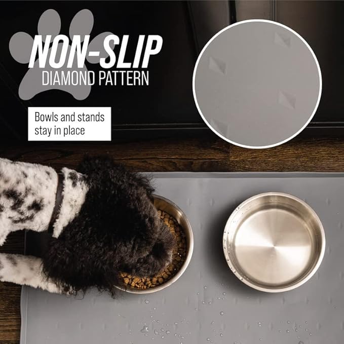 Leash Boss Dog Food Mat for Food and Water Bowls, Waterproof Silicone Pet Feeding Mat for Floors, Extra Tall Raised Edges, Cat and Dog Placemat for Floors, Dishwasher Safe (XL: 25" x 17" - Navy)