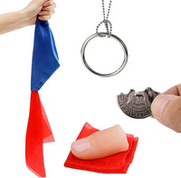 Neliky magic tricks kit with bite coin, color change silk, fake thumb, ring chains and rotating nut