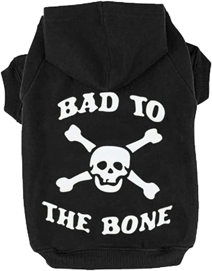 Bad to the Bone Halloween dog hoodie in size M, cotton polyester blend with leash hole