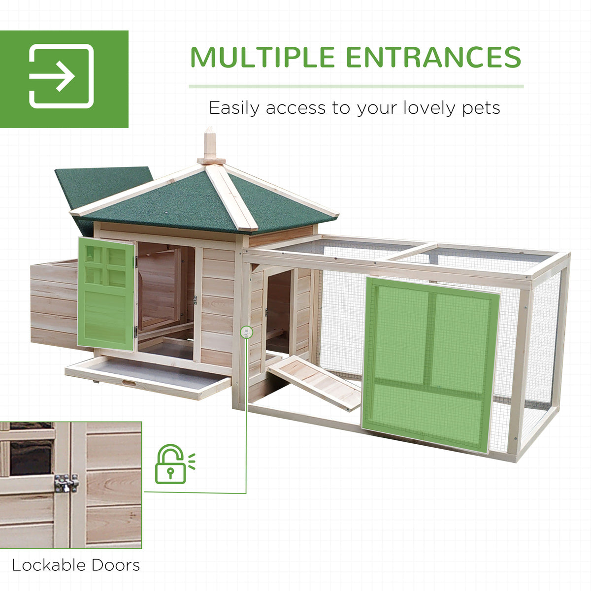 77" Wooden Chicken Coop with Nesting Box, Cute Outdoor Hen House with Removable Tray, Ramp Run, for Garden Backyard, Nat