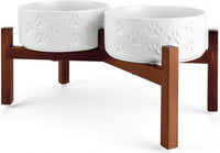 SPUNKYJUNKY Ceramic Dog Bowls with Acacia Wood Stand - 42.27 oz / Dog Paw White
