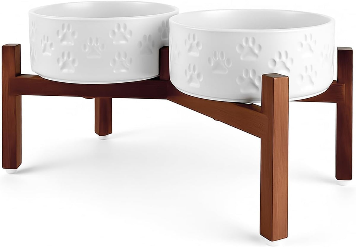 SPUNKYJUNKY Ceramic Dog Bowls with Acacia Wood Stand - 42.27 oz / Dog Paw White