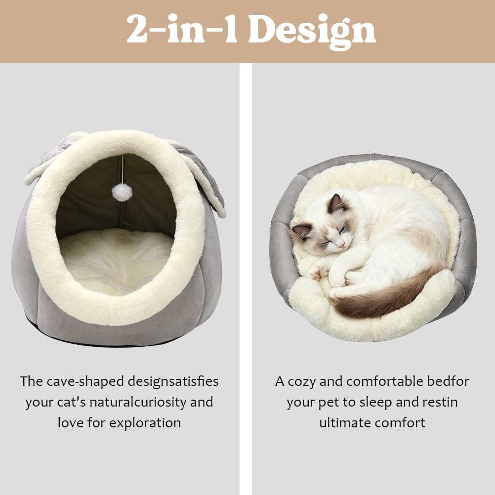 Cat Beds for Indoor Cats-Rabbit-Shaped Cat Cave Bed with Hanging Toy - Rabbite Gray / Rabbite / XL - image 3