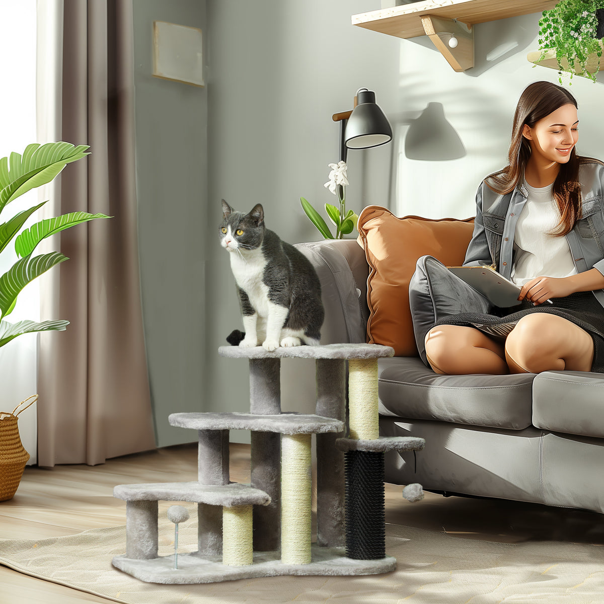 2 in 1 Cat Tree Tower 3-Step Pet Stairs with Scratching Posts, Tickling Post, Toy Balls, for High Beds, Couch