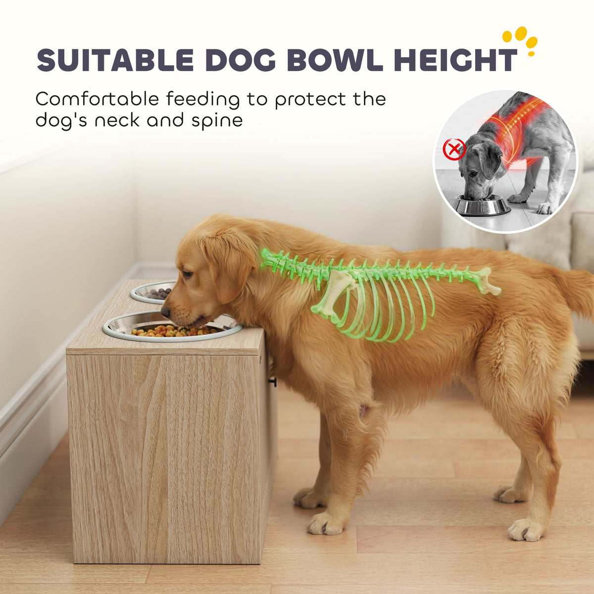 Elevated Dog Bowls with Storage Cabinet, 2 Stainless Steel Bowls, Slow Feeder, Dog Feeding Station for Large Dogs, Oak