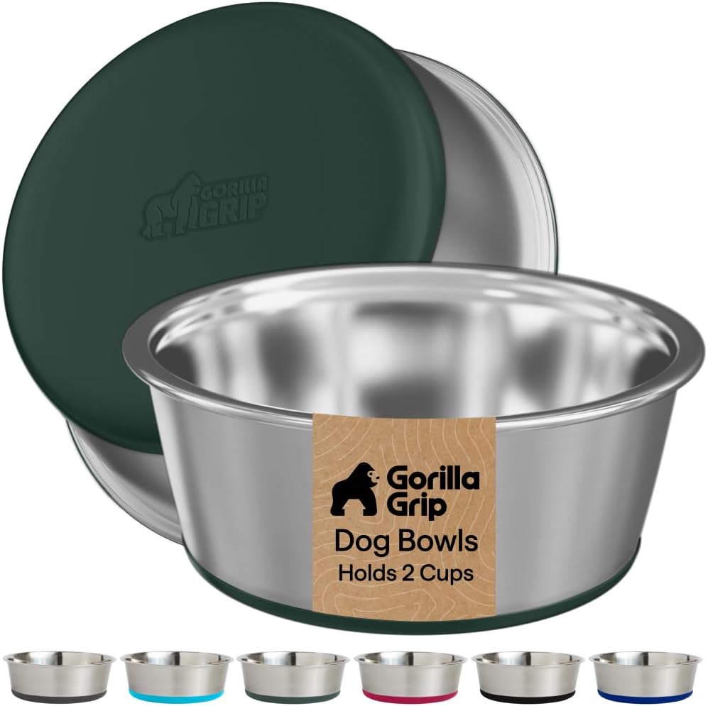 GORILLA GRIP Dog Bowl Set, Food Grade 304 Stainless Steel, 8 Cup - Hunter Green / 2 Cup (Set of 2)