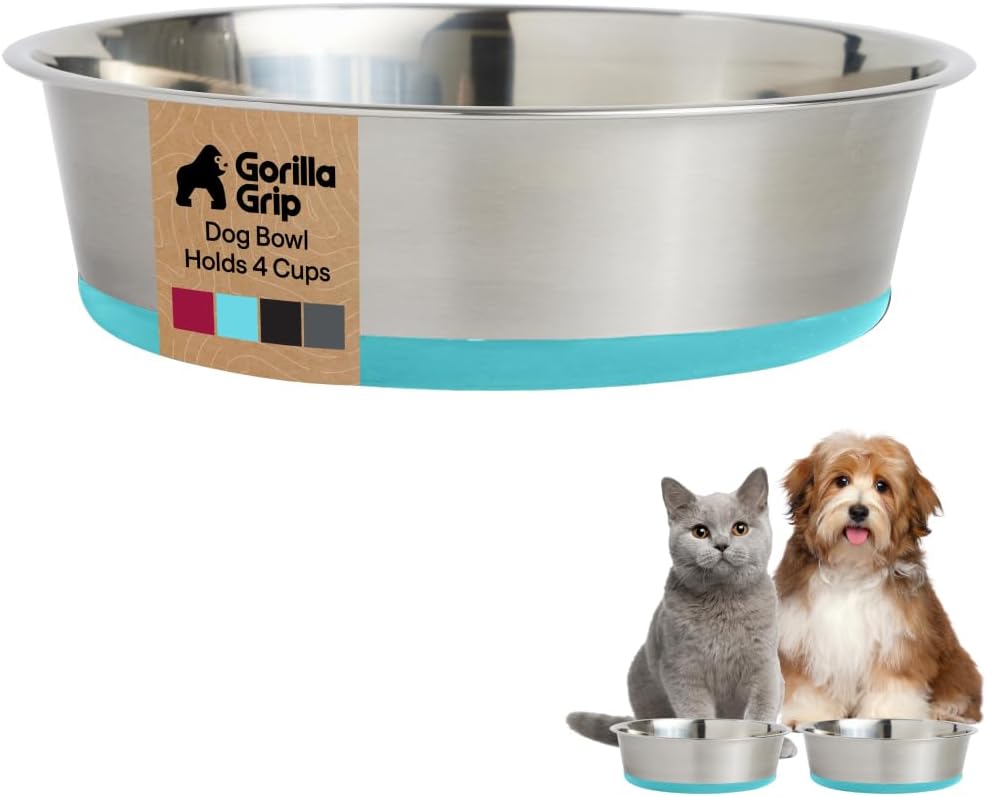 GORILLA GRIP Dog Bowl Set, Food Grade 304 Stainless Steel, 8 Cup - Turquoise / 4 Cup - Single Bowl