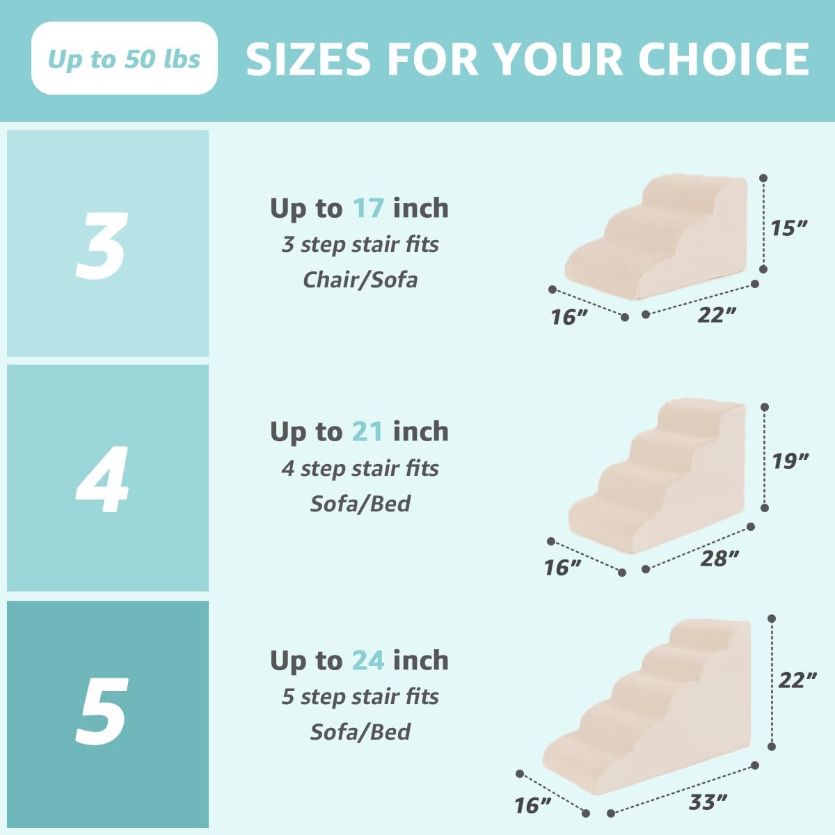 Dog Stairs for Small Dogs 15" H - Beige / 3-Step (22D*16W*15H) - image 3