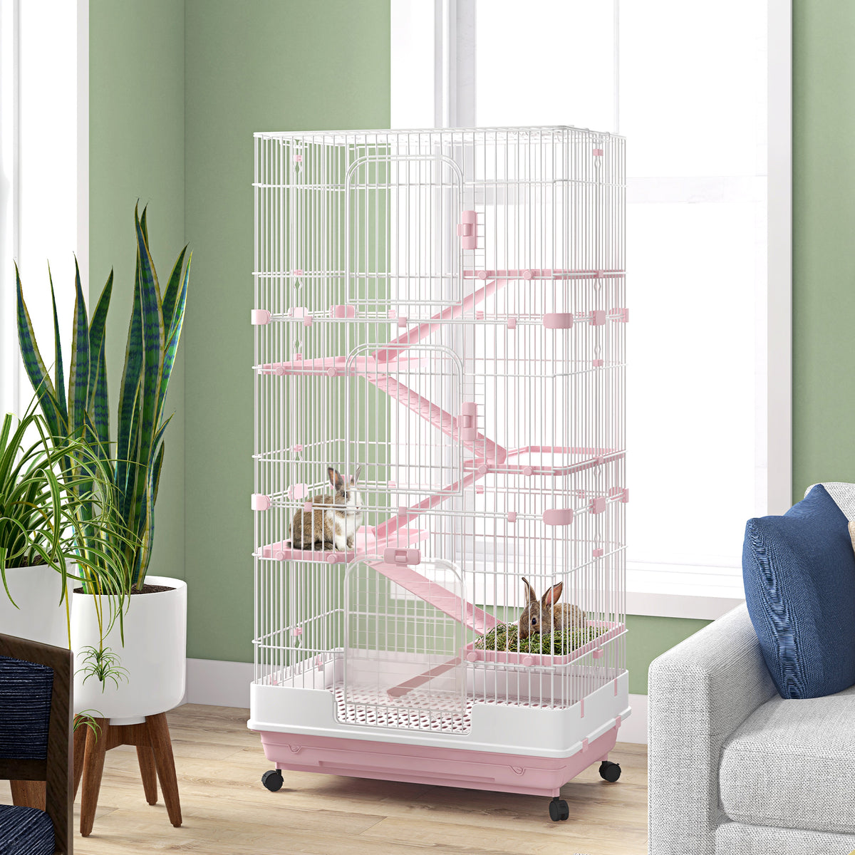 32"L 6-Level Small Animal Cage Rabbit Hutch with Universal Lockable Wheels, Slide-out Tray for Bunny, Chinchillas, Ferre