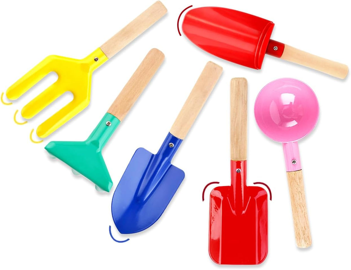 Katroiy 6 piece kids gardening tools with metal heads and wooden handles