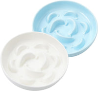 2 Pack Ceramic Cat Slow Feeder Bowl Set, 6.3" Wide - White and Blue