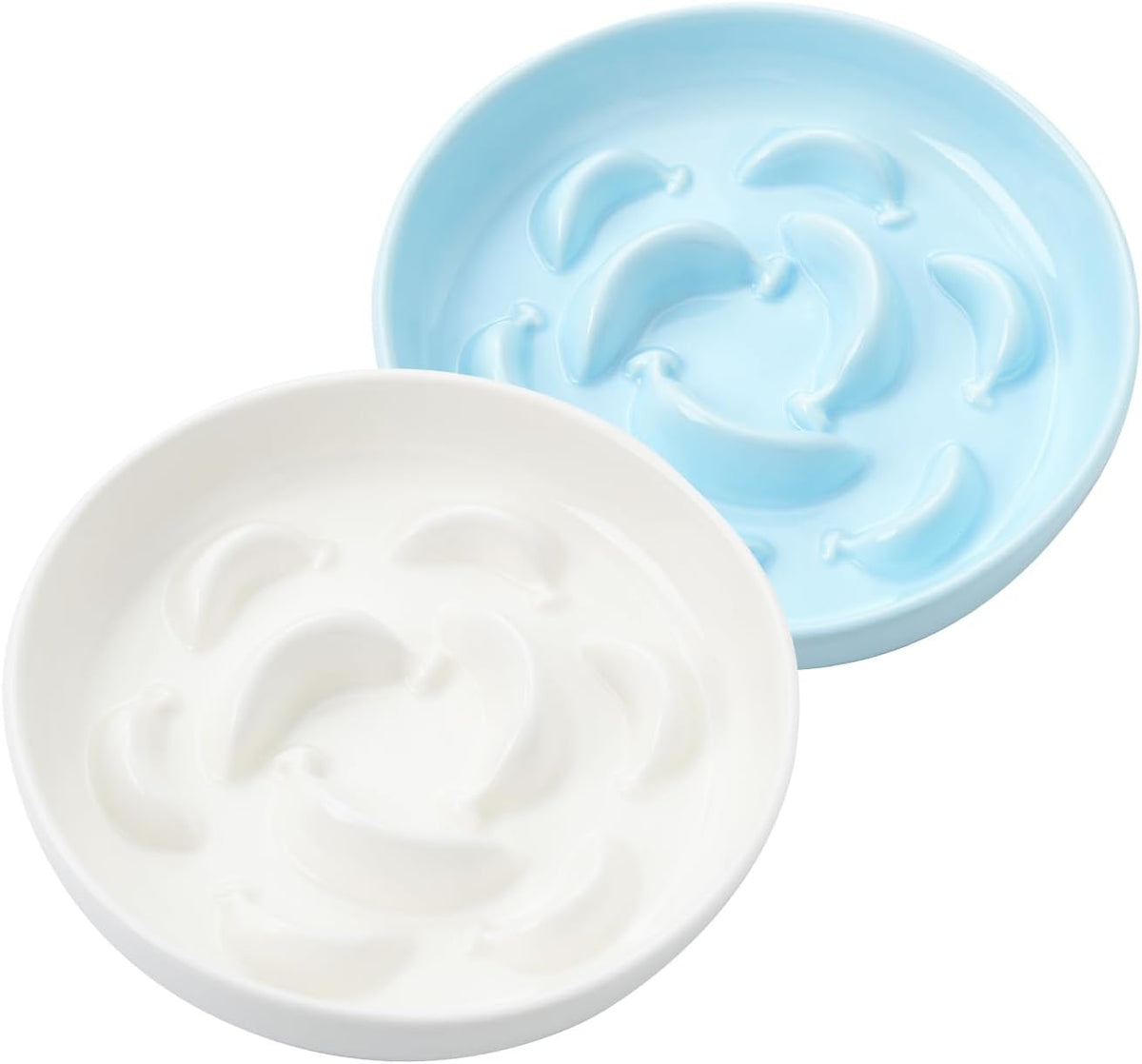 2 Pack Ceramic Cat Slow Feeder Bowl Set, 6.3" Wide - White and Blue
