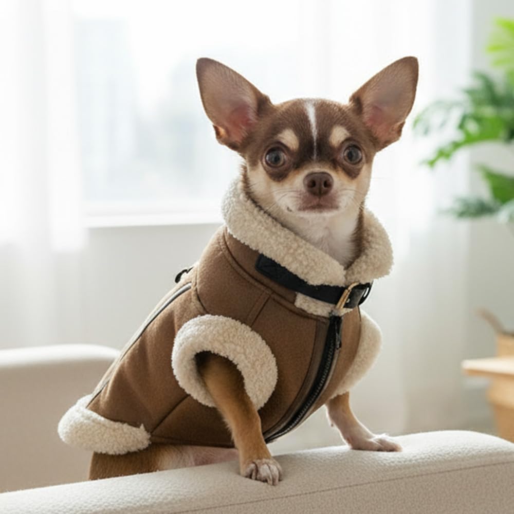 Retro Aviator Dog Jacket – Faux Leather Winter Coat with Plush Sherpa Fleece Lining for Bulldog - Coffee / X-Small - image 2