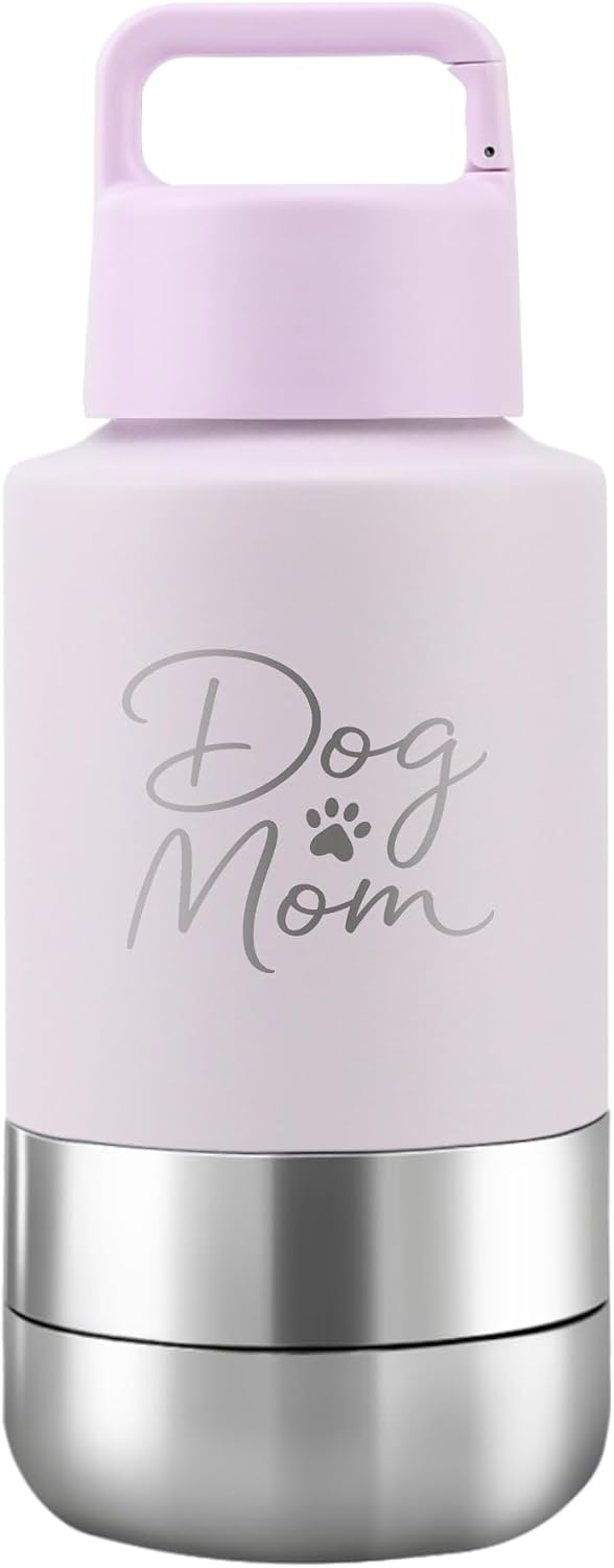 KEWIXY Insulated Dog Travel Water Bottle with Detachable Bowls - Mauve:Dog Mom / 32 Oz