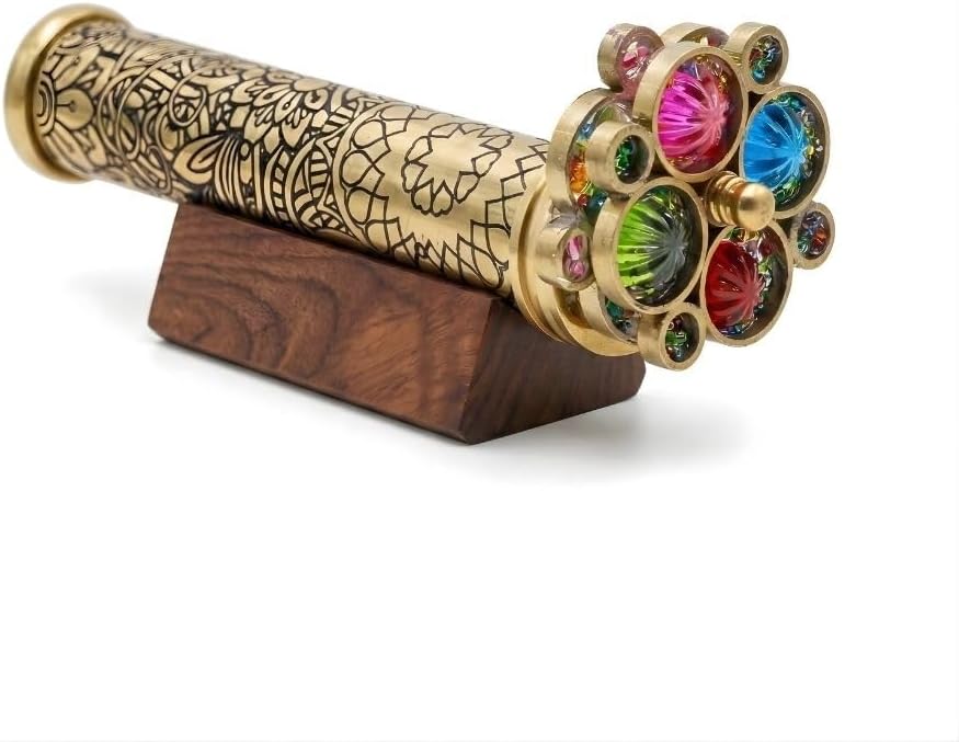 Roorkee Instruments etched floral brass kaleidoscope with two bead wheels on a hardwood stand - view 2