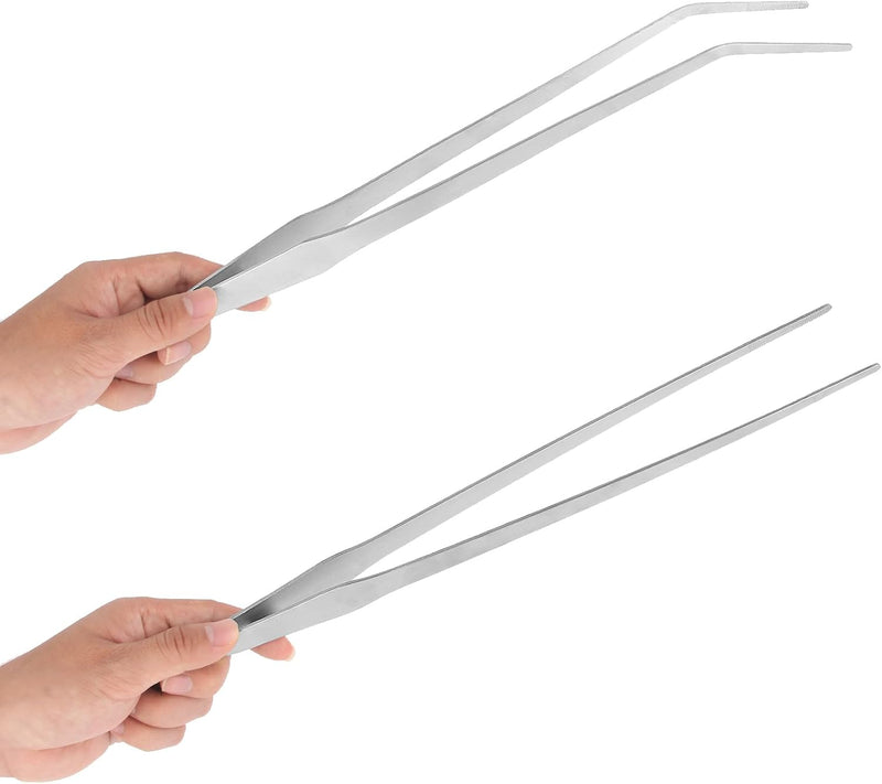 Aquarium Tweezers Extra Long 15 inches Feed Tong Clamps - Sliver 2pcs