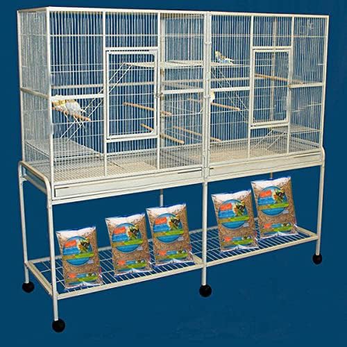 Large Double Center Divider Birdhouse Treehouse Bird Flight Parrot Breeder Cage Feeder Doors Side Breeding Nest Doors Easy Clean Pull Out Tray with Removable Rolling Stand