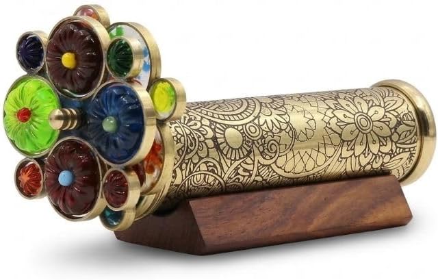 Roorkee Instruments etched floral brass kaleidoscope with two bead wheels on a hardwood stand