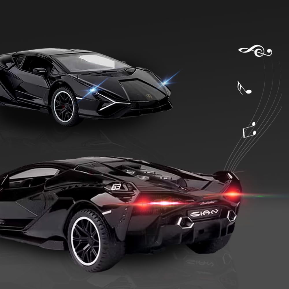 Lambo Toy Car Sian FKP3 Die-Cast Car Model with Lights and Sound Pull - Black - image 2