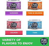 Wet Cat Food Variety Pack Tuna, Salmon, Sardines, Tuna/Salmon in Gravy, 100% Mercury-Tested, Moist Can Fish for Cats, Grain-Free, Protein, Non-GMO, Pack of 12