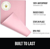 GORILLA GRIP 100% Waterproof Raised Edge BPA Free Silicone Pet Feeding Mat, Dog Cat Food Mats Contain Spills Protects Floors, Placemats for Cats and Dogs Water Bowl, Pets Accessories 16x10, Pink