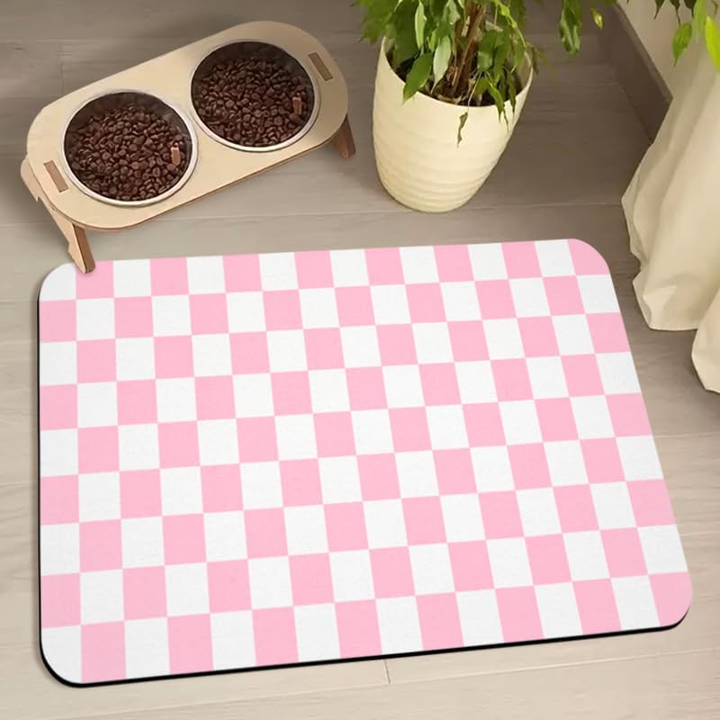 Dog Food Mats for Floors Waterproof - Plaid Pink / 32"L x 24"W