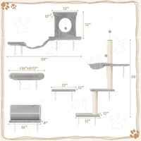 NUNU LAB 7-in-1 Wall Mounted Cat Climber Set, Cat Furniture Set with House, Tunnel, Bridge, Tree, Steps, Scratcher Board, Hammock, Luxury Wall Shelves for Indoor, Gray
