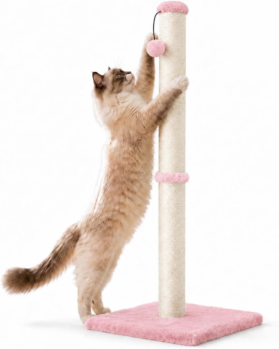 Dimaka Tall Cat Scratching Post Tree Scratcher with Sisal Rope - Pink / 34 inches for Large Cats