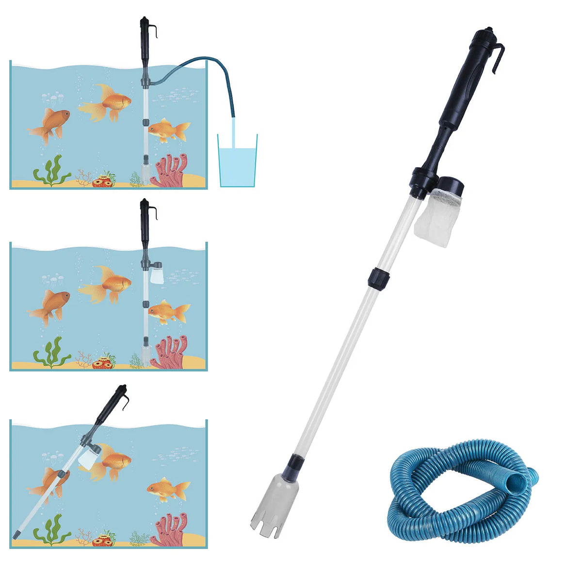 2-in-1 Aquarium Gravel Cleaner & Siphon Pump, Battery Powered Dirt/Fish Waste Remover, Adjustable Tubes for Small/Medium