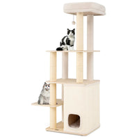 63" Wooden Cat Tree - 2-Story Condo with Bamboo Interior, 5 Sisal Scratching Posts, 44 lbs Per Layer Capacity