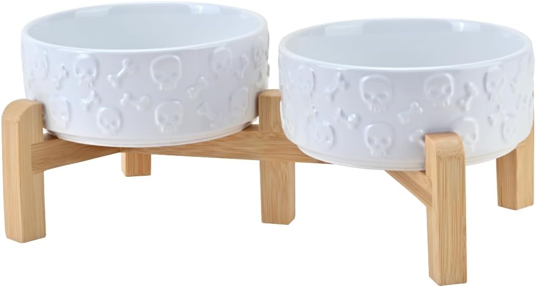 SPUNKYJUNKY Elevated Dog Bowls Ceramic - 5.1 in - 1.7 cups / White - Skull