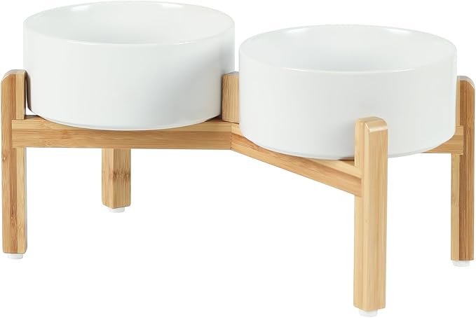 Ceramic Raised Double Bowls Set with Stand, Food & Water Bowls for Medium Breed Dogs, Weighted Dog Dishes, Pet Bowl(7.3'',41OZ, White)