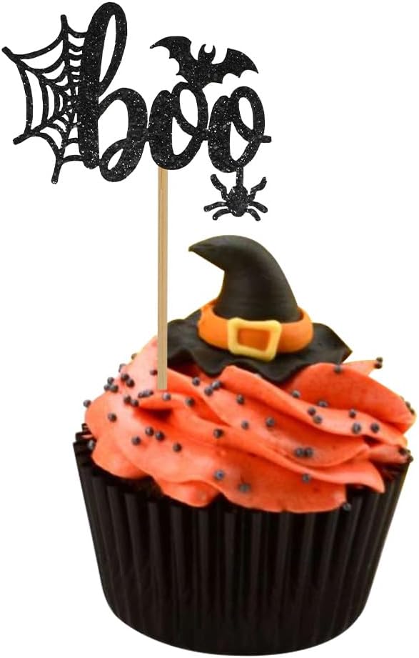 12 black glitter Halloween bat cupcake toppers in 4 patterns on cupcakes - view 31