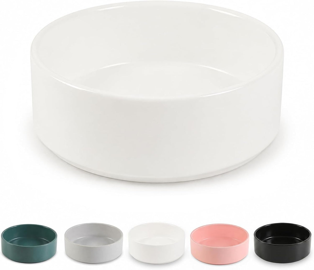 Ceramic Dog Bowl for Food and Water - Medium-Low / White
