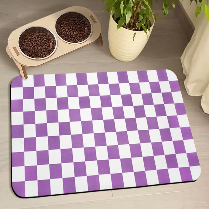 Dog Food Mats for Floors Waterproof - Plaid Purple / 24"L x 16"W