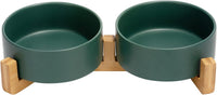 SPUNKYJUNKY Ceramic Dog and Cat Bowl with Wood Stand Non-Slip Matte - 1.7 cups / Green × 2