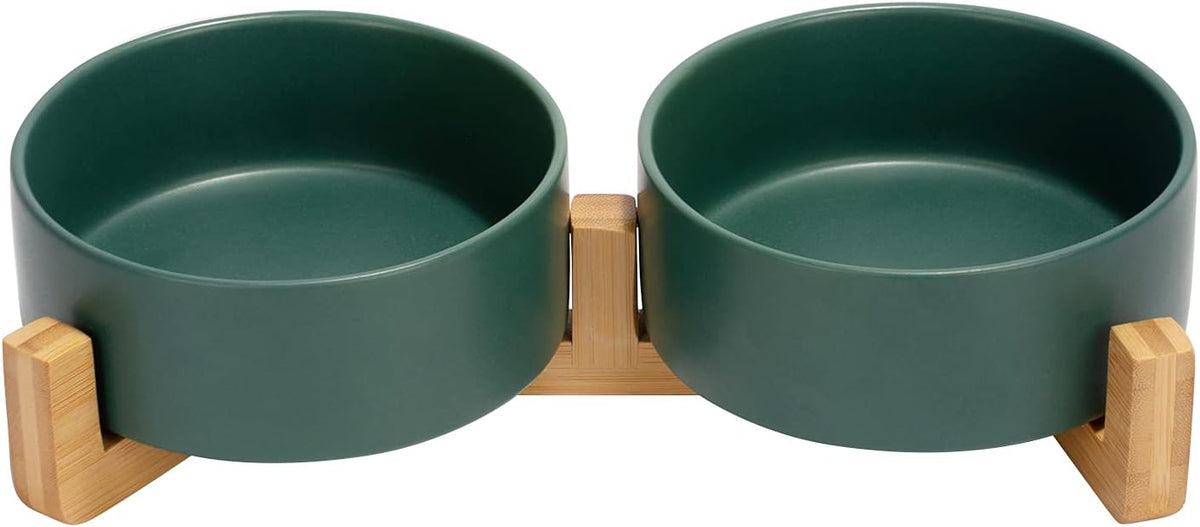 SPUNKYJUNKY Ceramic Dog and Cat Bowl with Wood Stand Non-Slip Matte - 1.7 cups / Green × 2
