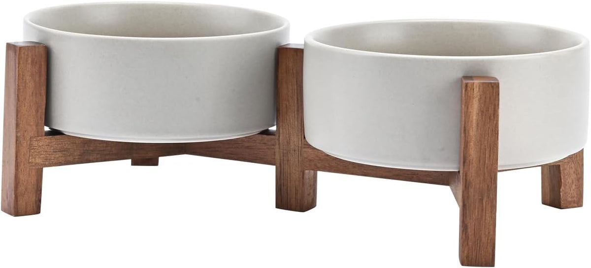 SPUNKYJUNKY Ceramic Dog Bowls with Acacia Wood Stand - 13.52 oz / Gray