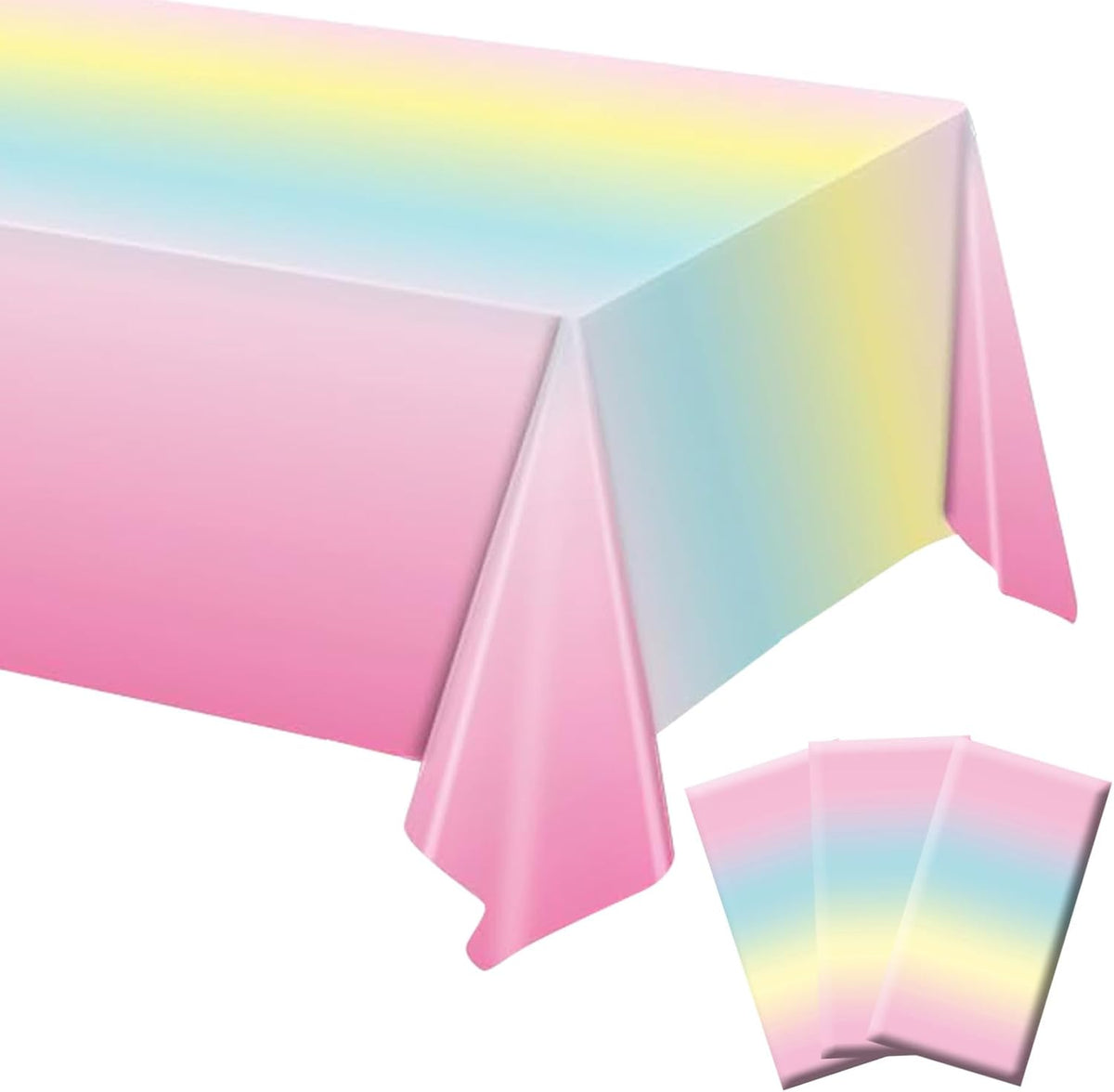 BHEYA pastel rainbow tablecloth with gradient colors on a rectangular party table