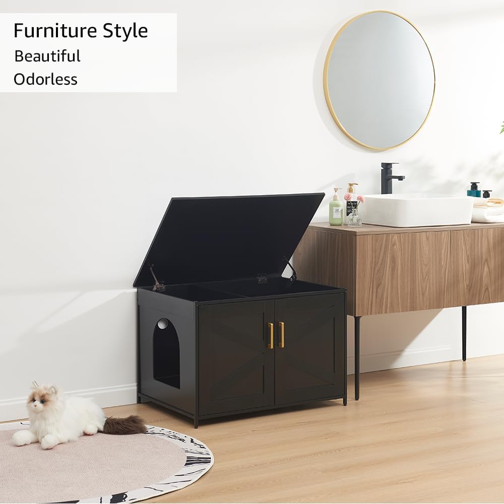 unipaws Cat Litter Box Enclosure Furniture - Black / Top Openning - image 3