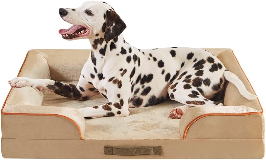 Friends Forever Large Dog Bed Couch - All-Foam Bolster Bed / Ally Khaki / Large (35" x 25" x 6.5")
