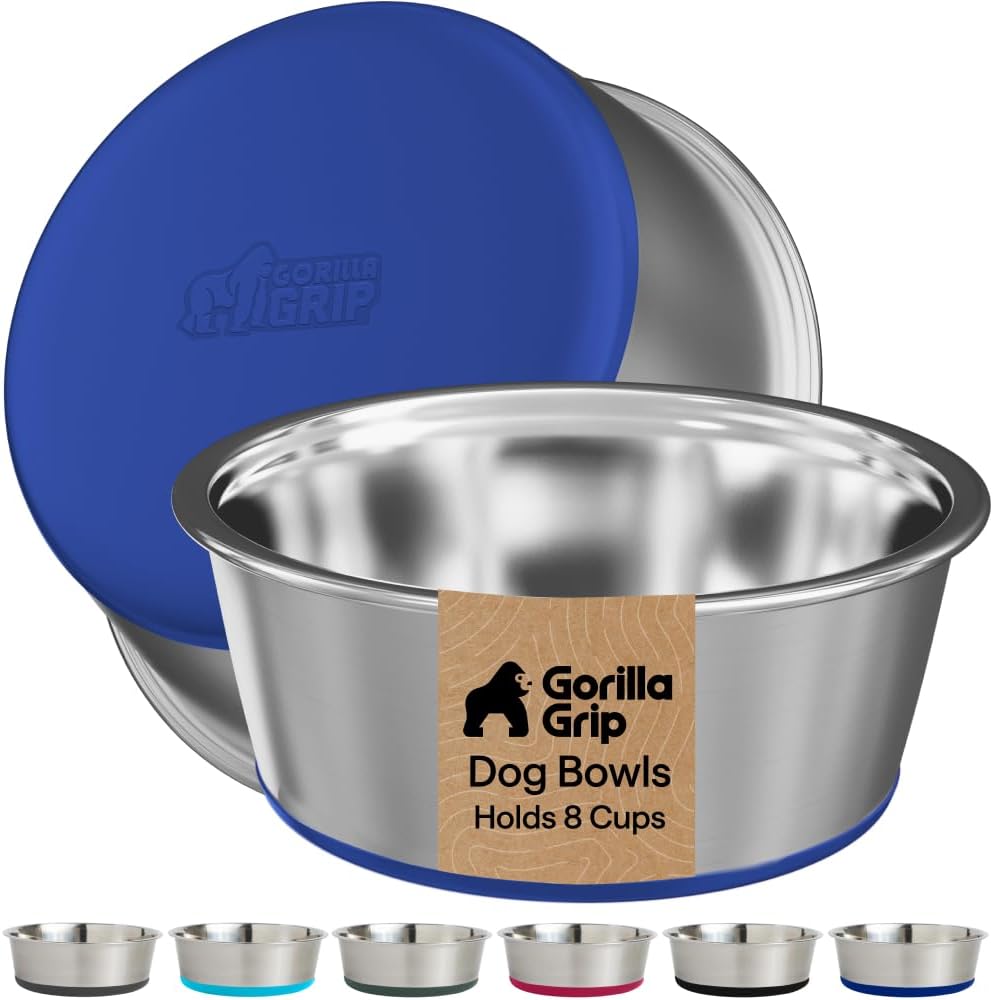 GORILLA GRIP Dog Bowl Set, Food Grade 304 Stainless Steel, 8 Cup - Royal Blue / 8 Cup (Set of 2)