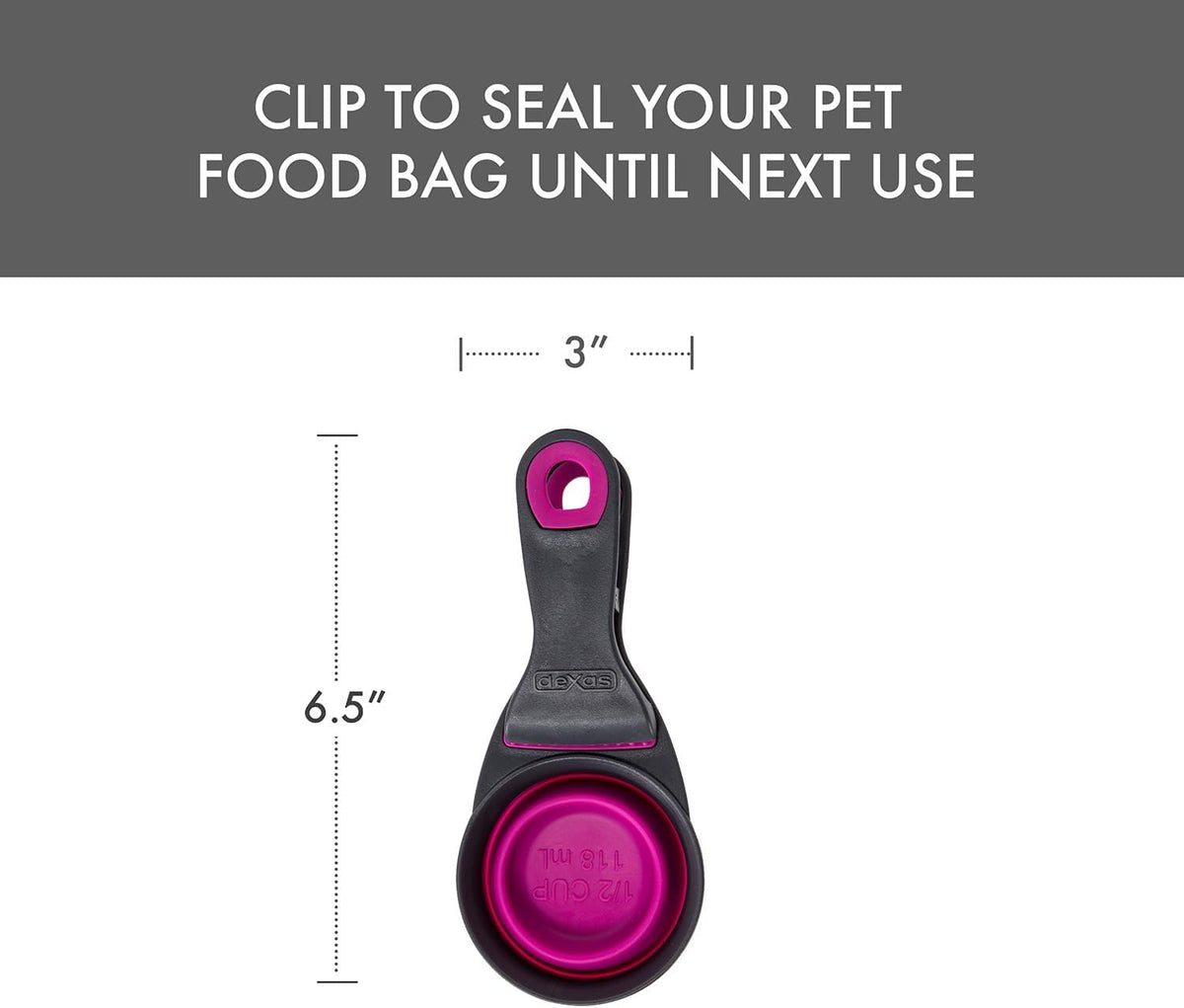 Dexas Popware for Pets Collapsible Klip Scoop - 1/2 Cup Capacity / Fuchsia - image 2
