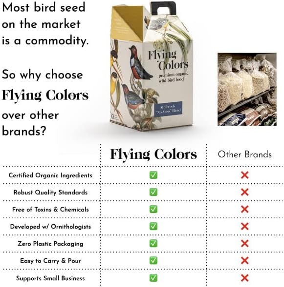 Flying Colors Premium Organic Wild Bird Seed | Black Oil Sunflower Seed | USDA Organic Ingredients | Best Seed for Backyard Bird Feeders | 3 Gallon Easy-Pour Carton