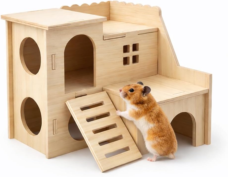 Tiny Hamster Maze Wood House Fun Slide House Double-Decker Hut
