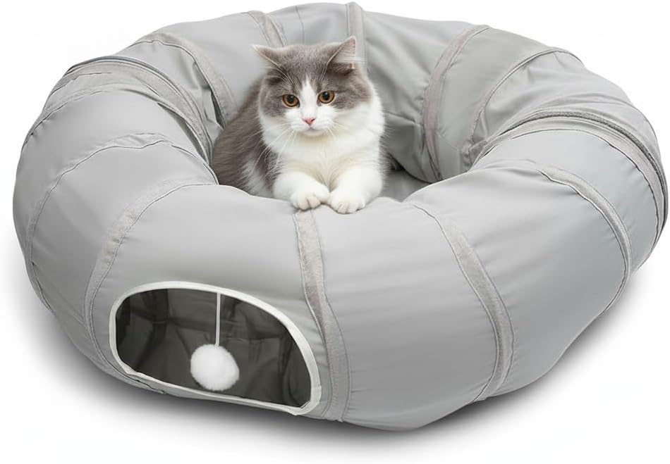 AUOON Cat Donut Tunnel with Bed for Kitten Puppy Rabbit Ferret - Light Grey