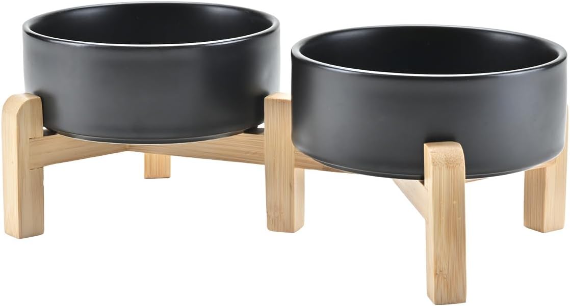SPUNKYJUNKY Elevated Dog Bowls Ceramic - 5.1 in - 1.7 cups / Black