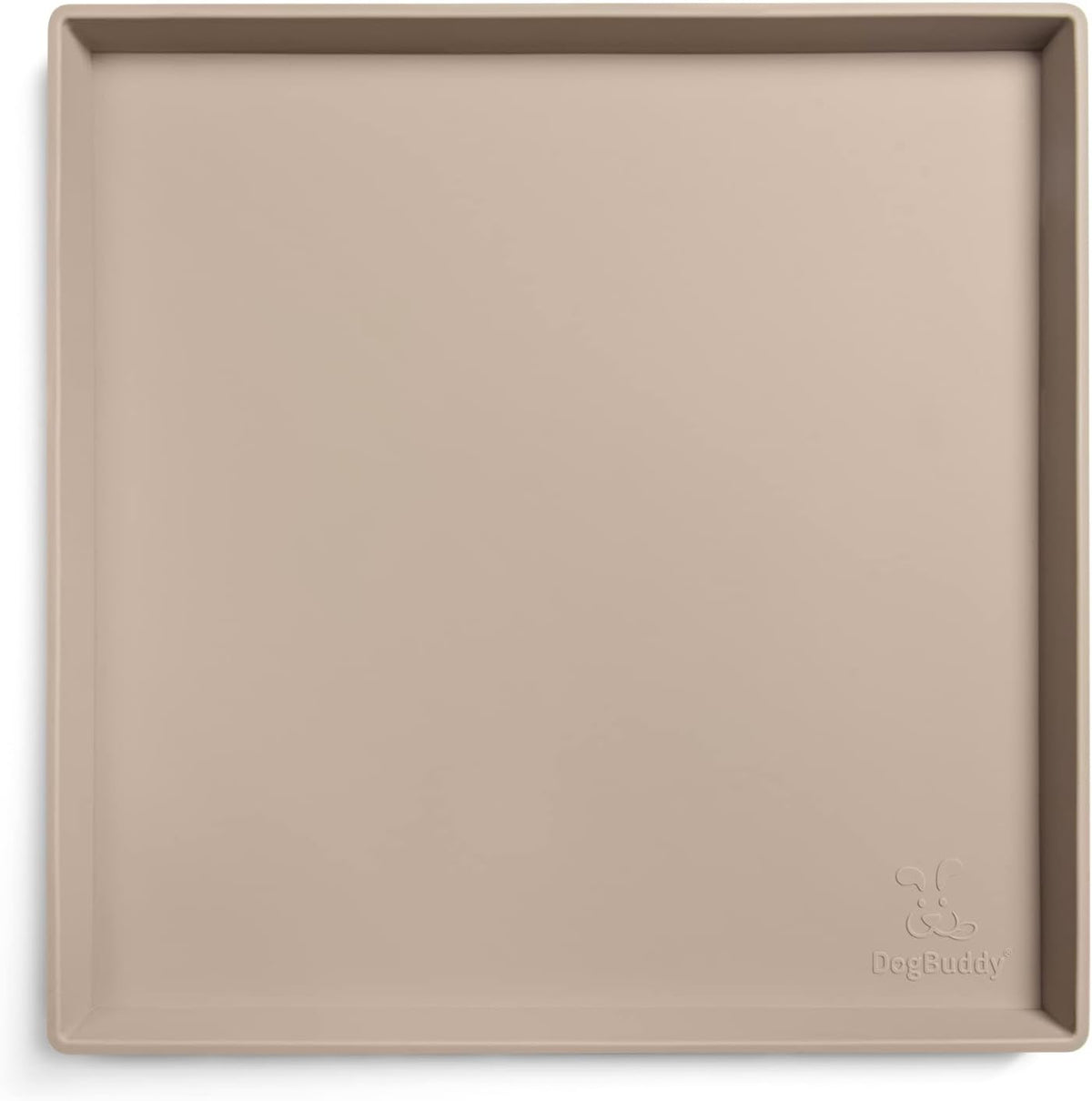 DogBuddy Dog Food Mat, Waterproof Silicone Pet Bowl Mats with Raised Edge – Essentials for Dogs - 11.2"L x 11.2"W / Taupe