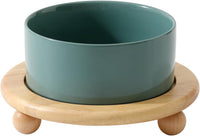 Cat Bowls Set of Two, 5.1” Ceramic Cat Food Bowls - Dark Green / Bowl+Tray - 6.1"